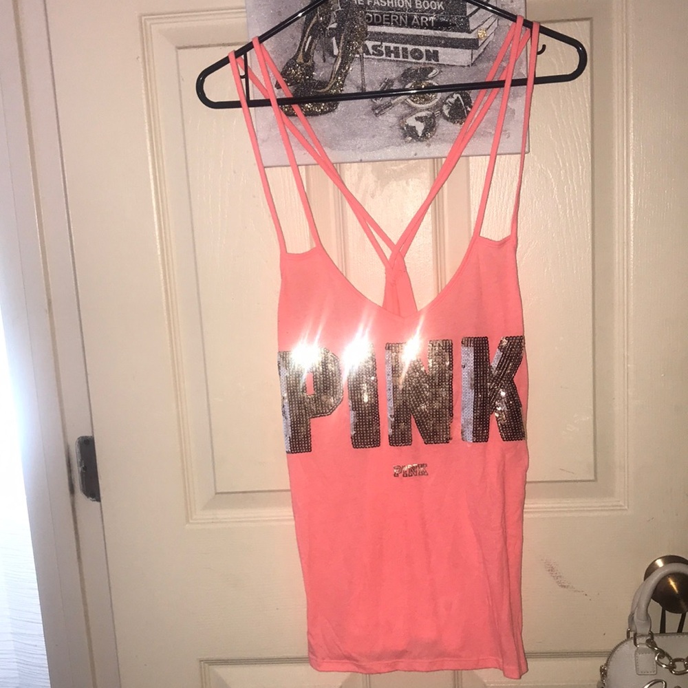 Victoria’s Secret PINK Coral Tank Coral Gold Sequins Crossy Straps Size Large